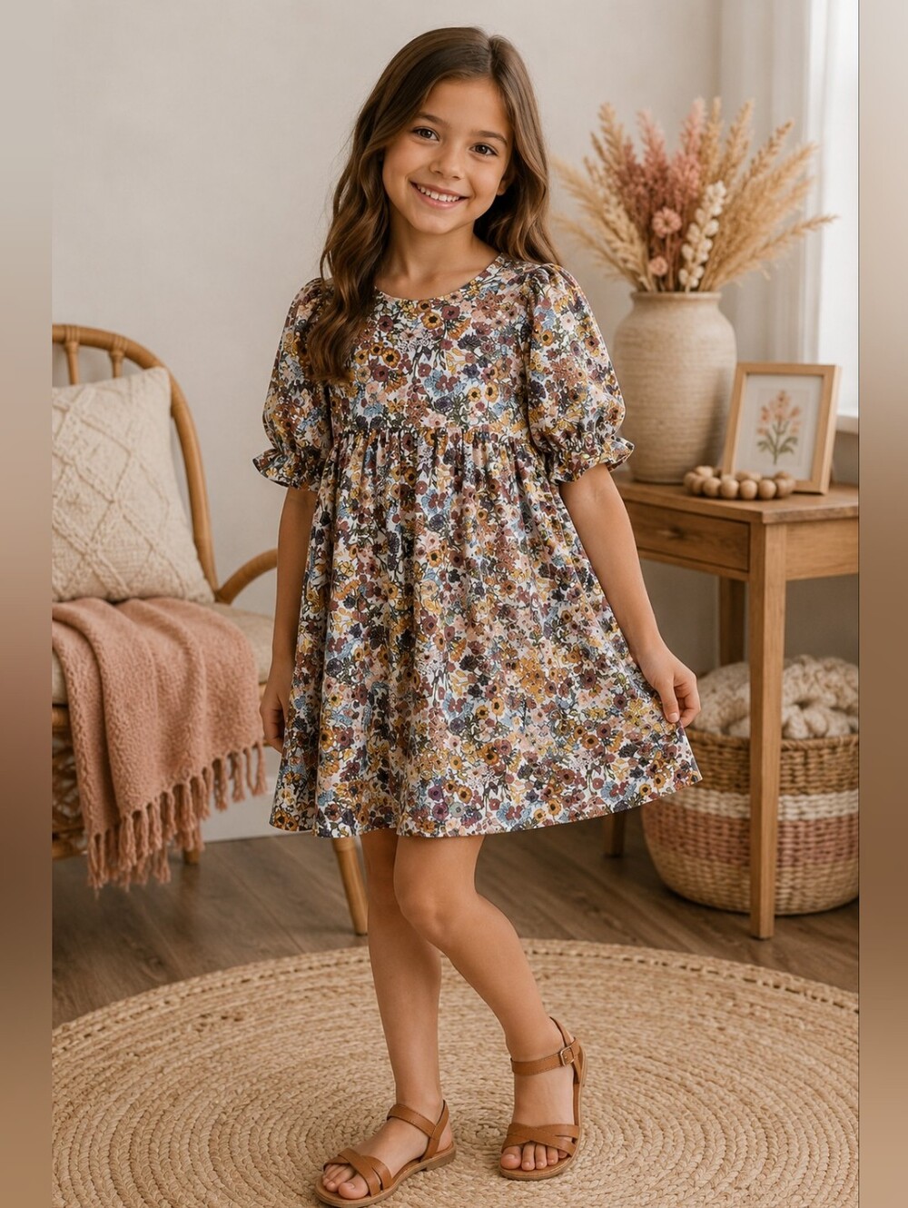 Bonnie Jean Floral Puff-Sleeve Dress in Yellow, Brown, Blue and Pink